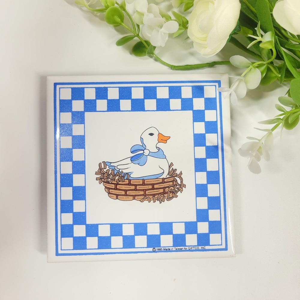 Vintage Goose On A Nest Blue Checkered Tile Trivet Duck 80s Kitchen Decor